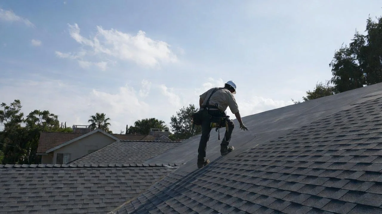 Contractor inspecting storm damage on a roof